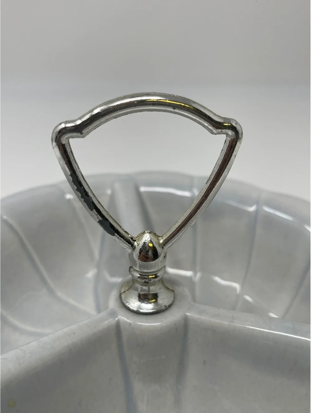 Vintage USA Pottery Blue Divided Serving Dish With Chrome Handle Barware MCM 8”